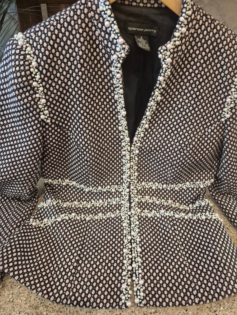 Spenser Jeremy Black & White Pearl-Trim Tweed Blazer